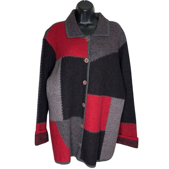 Vtg Liz Claiborne Cardigan Sweater Womens 1X Petite Wool Artsy Boho Cottage Art - Picture 1 of 15